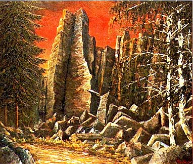 Gemälde von Hugo Reinhart: Teufelskanzel, Partie an der Steinwand