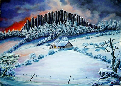 Gemälde von Hugo Reinhart:  Winterabend Steinwand